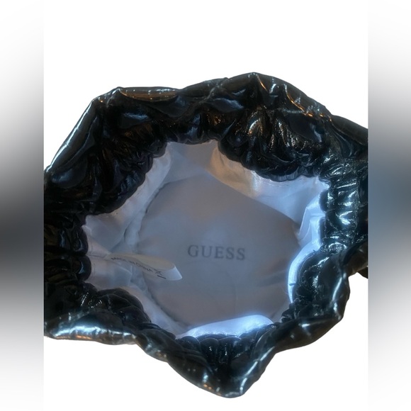 GUESS Mini Black Patent Leather Drawstring Quilted Pouch Silver Heart Logo Charm - Picture 7 of 7